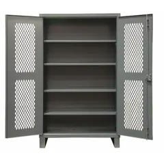 This industrial ventilated shelf cabinet from DURHAM MFG is constructed with a gray ventilated body panel to allow airflow, suitable for storing tools, parts, and equipment that require ventilation. It includes four adjustable shelves for flexible storage, a swing handle with padlock hasp for security, and legs as the base type. The cabinet is fully assembled and measures 48 x 24 x 78 inches.
