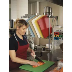 This six-piece cutting board set includes boards in blue, brown, green, red, white, and yellow. Each board measures 20 inches long by 15 inches wide and is made of co-polymer material. NSF certified for sanitation compliance. Suitable for commercial food preparation where color-coded boards help separate tasks.