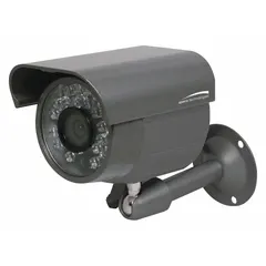 Fixed bullet digital video camera with 2MP resolution (2000 x 1121 pixels) and 960H output. Gray body with fixed 3.6 mm lens providing a 69° field of view. Designed for outdoor surveillance of building perimeters, parking lots, and other exterior areas.