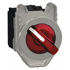 This SCHNEIDER XB4 series illuminated selector switch features a 30 mm panel-mounting design with a short-handled knob operator head and metallic bezel. It offers two maintained positions (Off/On) with a 1NO/1NC contact configuration, rated for AC 3 A @ 240 V and DC 0.1 A @ 600 V. Suitable for manual control in industrial panels and machinery where stable position holding is required.