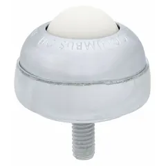 Threaded-stud mount ball transfer with a 1 in diameter nylon ball, 35 lb load capacity, and 1 3/8 in projection. Used in material handling systems for omnidirectional movement at conveyor transfer points, workstations, and packaging lines.