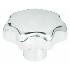 Polished stainless steel 7-arm knob with a 50 mm diameter. Features a 3/8"-16 threaded hole with 18 mm thread length. Used for manual adjustment and clamping in industrial machinery, jigs, and fixtures.