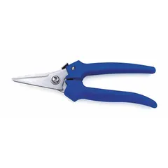 These manual-opening shears are constructed from steel with a blue finish and a straight, fine cutting edge. Designed for right-hand use, they are suited for cutting Kevlar® fabric and similar materials in textile and industrial fabrication tasks. Overall length is 5 3/4 inches.