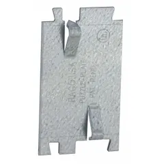 Steel cable protection plate with silver finish, 1.5 inches wide and 0.06 inches deep. Designed to shield non-metallic sheathed cable and raceway wire from damage by nails or screws during construction. Installed over studs or joists to protect wiring in walls and ceilings.