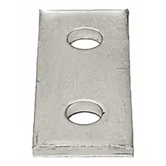 Splice flat plate for joining strut channel sections in support systems. Made from 316 stainless steel with a silver finish. Suitable for use in corrosive environments.