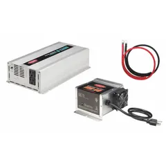 This multi-unit inverter with integrated battery charger converts 10.5 to 15V DC input to 120V AC pure sine wave output, with a peak power of 2400 W. The charger section accepts 105 to 130V AC input and outputs 13.2V to 14.4V DC for battery maintenance. Typical applications include mobile, marine, and backup power systems where sensitive electronics require clean AC power.