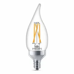LED candelabra screw base (E12) lamp with BA11 bullet angled shape and clear finish. Operates at 120V, 2.3W, with a 2200K color temperature for warm colored light. Suitable for decorative fixtures such as chandeliers and sconces.