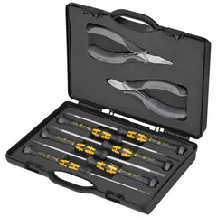 Set of 8 precision pliers with ESD-safe handles for use in static-sensitive environments. Includes diagonal and chain nose pliers, with standard cushion grip and spring return. Supplied in a storage box.