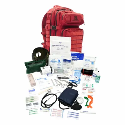 ELITE FIRST AID Backpack Responder Kit: 206 Components, Nylon, Bag, Red, No Medication Included - Backpack Trauma Kits