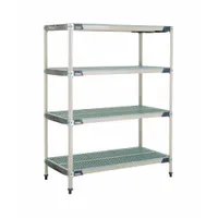 This stationary shelving unit features a 304 stainless steel frame and shelves with antimicrobial resistance properties, suitable for harsh environments. It includes four shelves with an overall height of 62 inches. Typical applications include storage in food processing, healthcare, and pharmaceutical facilities where microbial growth control is required