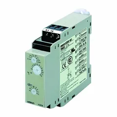 DIN-rail mounted timer relay with Flicker On Start delay function. Accepts 24 to 240V AC/DC input. Time range 0.1 sec to 1,200 hr. Contact rating 5 A at 250V AC (resistive load) and 10 mA at 5V DC. 6 terminals. Suitable for cyclic on/off timing applications such as signal flashers and process control.