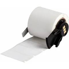 Thermal transfer precut label roll with permanent acrylic adhesive, 250 labels per roll. Each label measures 3/4 in x 1 1/2 in. Compatible with BMP61 printer series. Used for asset tagging, cable marking, and safety labeling in industrial environments.