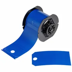 Polyester precut tag roll in blue for indoor/outdoor use. Each roll contains 100 tags. Compatible with S3700 printer series. Used for industrial labeling, asset identification, and safety marking.
