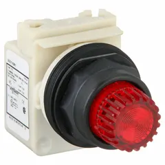 This 30 mm illuminated extended-length push-button operator from the SCHNEIDER 9001SK series features a red non-metallic actuator and momentary action. It is used for control and indication in industrial machinery, panel building, and process automation applications.