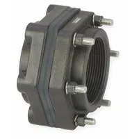 This bolt-on fitting is made of glass-filled polypropylene and features a 3 in female NPT threaded inside connection. It is used for creating leak-proof connections through tank walls in fluid-handling systems, such as in chemical processing, water treatment, and agricultural irrigation