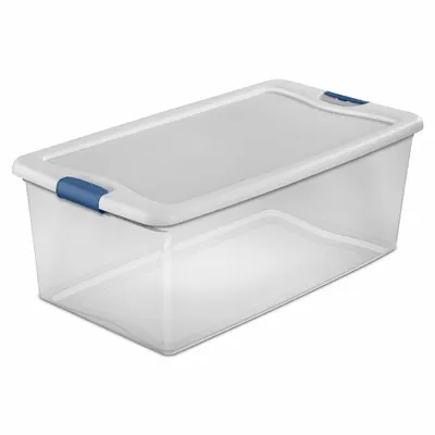STERILITE Storage Tote: 26.5 gal, 33 7/8 in x 18 3/4 in x 13 in, Clear Body, White Lid - Clearview Totes with Latch-On Lids