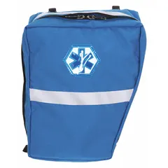 This blue Cordura Nylon pannier bag measures 7 inches long, 12 inches wide, and 15 inches high. It features a zipper closure and clear vinyl pockets on the flap for organizing miscellaneous supplies. Typical use includes carrying and storing medical equipment or emergency response gear.