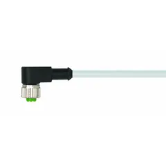 Single-ended cordset with a gray PUR jacket for twisting applications. Features an M12 female right-angle connector on one end and bare wire on the other. Rated IP65, with 3 pins, 22 AWG wire, 10 m cable length, and 4 A maximum current. Suitable for connecting sensors or actuators in industrial environments where resistance to oils and abrasion is required.
