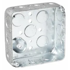 Steel 4" x 4" square electrical box for 2-gang configurations. Designed as a basic enclosure for electrical connections, suitable for mounting switches, receptacles, or splicing wires in walls or ceilings. Supplied without clamps or bracket.