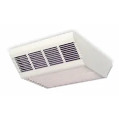 Fan-forced electric ceiling heater for surface mounting. Selectable wattage outputs of 2500W, 3800W, or 5000W. Operates on 208V AC, 1 or 3-phase power. White finish. Dimensions: 5-3/4 in x 16-7/16 in x 5-3/4 in. Thermostat not included. Suitable for supplemental heating in commercial and industrial spaces.