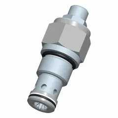 Screw-in pressure control cartridge valve with screwdriver adjustment. Steel body with nitrile seals. C12-20 cavity size. Used in hydraulic systems for pressure relief or reducing functions.
