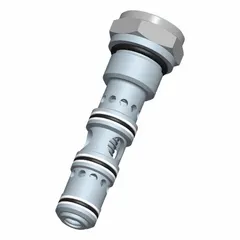 Screw-in flow control cartridge valve with screwdriver adjustment. Steel body with nitrile seals. C12-40 cavity size. Used in hydraulic systems to regulate fluid flow in applications such as mobile and industrial equipment.
