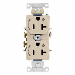 General-purpose duplex receptacle rated 20 A, 125 V AC with NEMA 5-20 configuration, 2-pole/3-wire grounding. Light almond finish. Suitable for standard electrical outlets in residential, commercial, and light industrial settings.