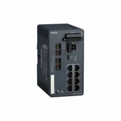 Managed DIN Rail-mount Ethernet switch with 10 RJ45 ports supporting 100 Base-FX and 10/100 Base-TX networks. Features twisted shielded pairs cable Cat 5E copper cable, IP30 rating, and maximum input voltage of 24V DC. Suitable for industrial networking applications requiring reliable data communication.