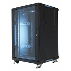 Steel server rack enclosure with 18 rack units, dimensions 39 in x 23 5/8 in x 23 5/8 in. Includes casters, a tempered glass door, and two cooling fans. Suitable for housing and organizing IT or AV equipment in data centers, server rooms, and broadcast facilities.