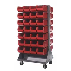 Mobile louvered floor rack with gray frame and 56 red bins. Each bin measures 14-3/4 in deep, 8-1/4 in wide, and 7 in high. Equipped with (2) rigid casters with hard rubber tread for repositioning. Used for organizing small parts, tools, or components in workshops and warehouses.