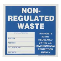 Paper label for marking shipments of non-regulated waste. White background with fields for shipper, address, city, state, zip, and contents. Each label measures 6 x 6 inches, supplied in packs of 250