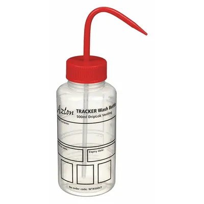 DYNALON Wash Bottle: 500 mL, Write-On, Red, Wide, Std Spout Spout, Colorless - Wide Mouthed Standard Spout Wash Bottles