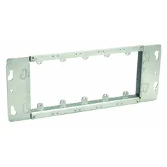 Steel blank plaster ring for electrical enclosures. Raised height of 3/4 in, overall dimensions 12.5 x 4.5 in. Used to cover boxes in wall or ceiling installations, providing a flush or raised surface when no device is needed.