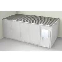 This 2-wall unassembled in-plant office measures 20 ft x 10 ft x 8 ft and is constructed with vinyl-covered drywall in gray with steel components. It has an STC 31 rating for sound transmission control. Typical applications include creating enclosed workspaces such as supervisory stations, break rooms, or quality-control areas within industrial facilities