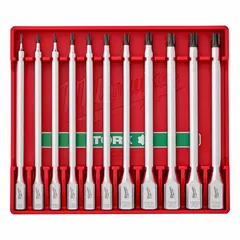 This set includes 13 Torx bit sockets ranging from T8 to T50, with a fixed insert for organization. Designed for driving Torx fasteners in automotive, machinery, and industrial assembly applications where extended reach is needed. Sockets feature 1/4" and 3/8" drives.