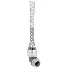 This 90° metallic cord grip with mesh provides strain relief and liquid-tight connection for cables in industrial environments. Features an aluminum body, 1 in MNPT box connection, and stainless steel external strain relief. Accommodates cord diameters from 1.00 in to 1.13 in. Rated for Class II, Division 1 & 2 hazardous locations.
