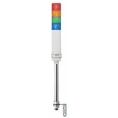 Four-tier tower light assembly with blue, green, orange, and red light tiers and an integrated sounder tier. Operates at 24 VDC. Provides visual and audible status indication for industrial signaling applications such as machine status, warnings, and fault alerts.