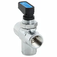 This manual three-way ball valve features a chrome-plated brass one-piece body with a double L flow pattern and a wedge handle. It is used for diverting or mixing flow in piping systems, commonly in instrumentation, pneumatic circuits, and hydraulic applications