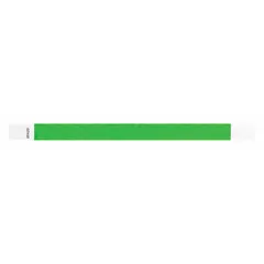 Tyvek security wristband in green, 10 inches long and 3/4 inch wide, supplied in a 500-count pack. The blank surface allows custom marking for identification purposes. Suitable for one-time use in access control, event management, and patient identification.