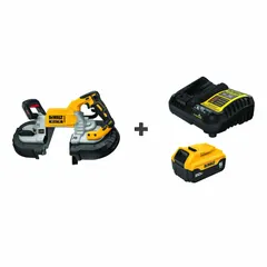 This cordless band saw features a brushless motor and a 44-7/8-inch blade, with a maximum cutting length of 5 inches. The kit includes one battery and one charger. It is used for cutting metal, conduit, and pipe in construction, fabrication, and maintenance applications.