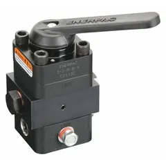 Manual, lever-operated directional control valve with three positions and 3/8" NPT ports. Part of the VC series, it directs fluid flow in hydraulic circuits for single-acting or double-acting cylinders.