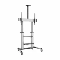 This mobile cart supports HDTV displays from 60 to 100 inches. Constructed from aluminum, it offers adjustable tilt from -5° to +10° with a fixed position. Suitable for moving and positioning large screens in conference rooms, classrooms, or trade show environments