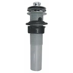 This plastic sink drain features a chrome finish and a push-and-pull stopper for opening and closing. It has a 1-1/4 in overall diameter and a 1-1/4 in pipe diameter with a slip connection. The drain includes an overflow port to prevent water spillover. Suitable for use with lavatory sinks.