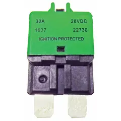 Plug-in mount circuit breaker with Type III ATC footprint and blade terminal connection. Rated 28V DC with 2 kA interrupting capacity. Provides resettable overcurrent protection for automotive electrical systems.