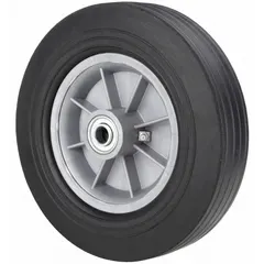 Flat-free solid rubber wheel with a 9-7/8 in diameter and 1-7/8 in width. Features a plastic hub and a load capacity of 550 lb. Suitable for industrial carts, dollies, and light-duty material handling equipment in indoor environments.