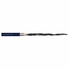 This continuous flexing control cable from the CHAINFLEX CF10 series features 3 conductors of single copper wire (17 AWG) with a TPR jacket rated at 300 V. It includes a ground conductor and is designed for bending resistance. Minimum bend radius factors: 3 x OD for fixed installation, 4 x OD for flexible use, and 5 x OD for e-chain applications. Outer jacket meets CF9.15.07 ISO Class 1 standards.
