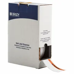 Orange header polyester precut label roll with acrylic adhesive, measuring 2 in x 4 1/8 in and 4 1/8 in x 2 in. Compatible with Brady M710 printer series. Used for industrial warning and safety identification labels.