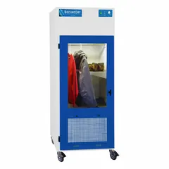 This evidence drying cabinet features a powder-coated polypropylene housing and includes a polypropylene base/stand and work surface. It is used in forensic and laboratory settings for drying and storing evidence items, with corrosion-resistant construction suitable for controlled environments.