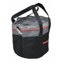 This canvas bucket bag features an open top with draw string closure for quick access and secure transport of tools, parts, or supplies. The black bag measures 9 inches wide by 8 inches high by 9 inches long and has no pockets. Suitable for general carrying tasks in industrial or maintenance environments.