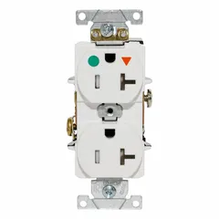 Duplex general purpose receptacle with 5-20R configuration, rated 125V AC and 20 A. White finish. Suitable for use in commercial and institutional environments where standard duplex receptacles are required.